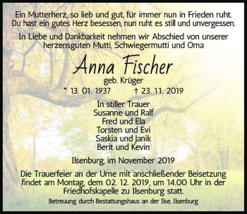 Traueranzeige von Anna Fischer (geb. Krüger)  von Magdeburger Volksstimme