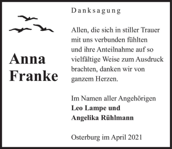 Traueranzeige von Anna Franke  von Magdeburger Volksstimme