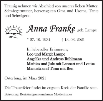 Traueranzeige von Anna Franke (geb. Lampe)  von Magdeburger Volksstimme