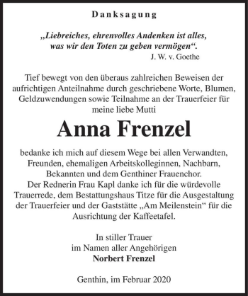 Traueranzeige von Anna Frenzel  von Magdeburger Volksstimme