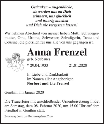 Traueranzeige von Anna Frenzel (geb. Neubauer)  von Magdeburger Volksstimme