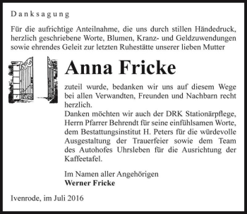 Traueranzeige von Anna Fricke  von Magdeburger Volksstimme