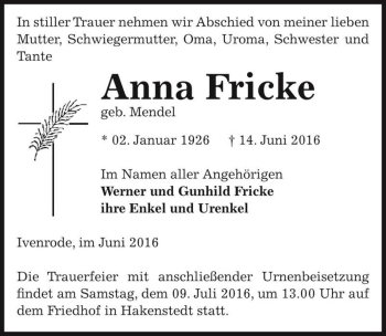 Traueranzeige von Anna Fricke (geb. Mende)  von Magdeburger Volksstimme