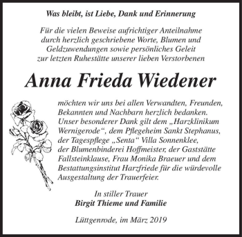 Traueranzeige von Anna Frieda Wiedener  von Magdeburger Volksstimme