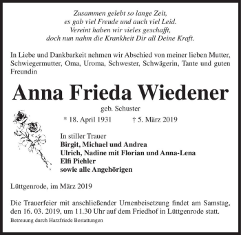 Traueranzeige von Anna Frieda Wiedener (geb. Schuster)  von Magdeburger Volksstimme