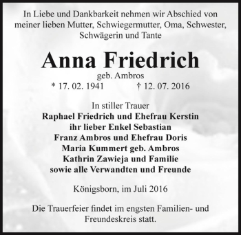 Traueranzeige von Anna Friedrich (geb. Ambros)  von Magdeburger Volksstimme