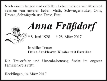 Traueranzeige von Anna Fräßdorf  von Magdeburger Volksstimme