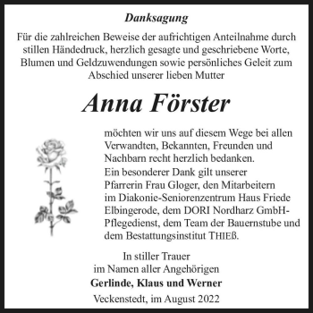 Traueranzeige von Anna Förster  von Magdeburger Volksstimme