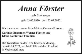Traueranzeige von Anna Förster (geb. Strohmeyer)  von Magdeburger Volksstimme