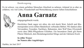 Traueranzeige von Anna Garnatz  von Magdeburger Volksstimme