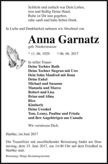 Traueranzeige von Anna Garnatz (geb. Niederstrasser)  von Magdeburger Volksstimme