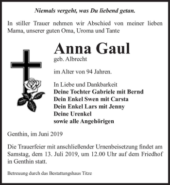 Traueranzeige von Anna Gaul (geb. Albrecht)  von Magdeburger Volksstimme