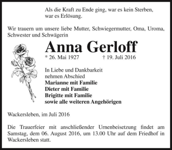 Traueranzeige von Anna Gerloff  von Magdeburger Volksstimme