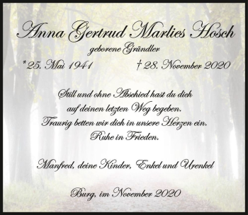 Traueranzeige von Anna Gertrud Marlies Hosch (geb. Gründler )  von Magdeburger Volksstimme