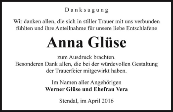 Traueranzeige von Anna Glüse  von Magdeburger Volksstimme