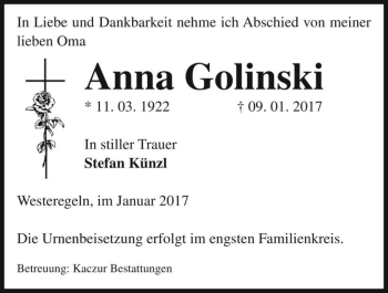 Traueranzeige von Anna Golinski  von Magdeburger Volksstimme