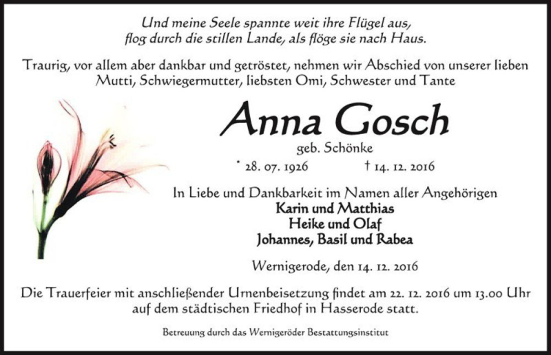  Traueranzeige für Anna Gosch (geb. Schönke)  vom 19.12.2016 aus Magdeburger Volksstimme