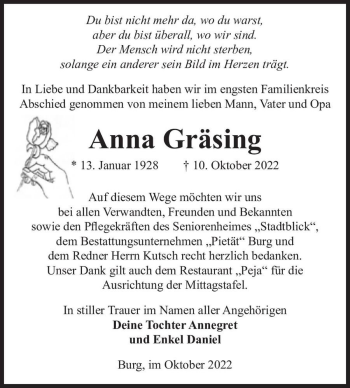 Traueranzeige von Anna Gräsing  von Magdeburger Volksstimme