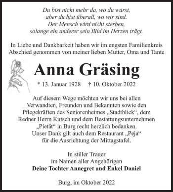 Traueranzeige von Anna Gräsing  von Magdeburger Volksstimme