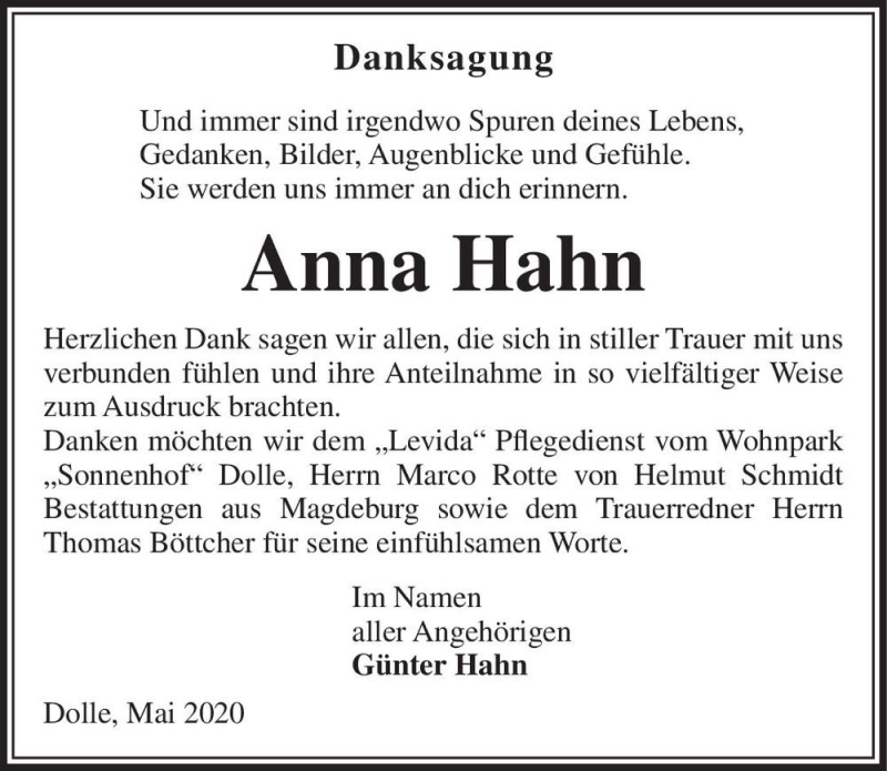  Traueranzeige für Anna Hahn  vom 30.05.2020 aus Magdeburger Volksstimme