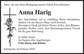 Traueranzeige von Anna Harig  von Magdeburger Volksstimme