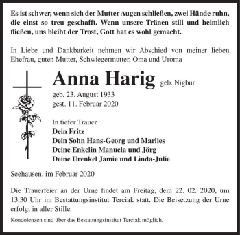 Traueranzeige von Anna Harig (geb. Nigbur)  von Magdeburger Volksstimme