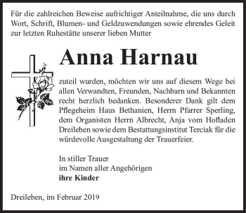 Traueranzeige von Anna Harnau  von Magdeburger Volksstimme