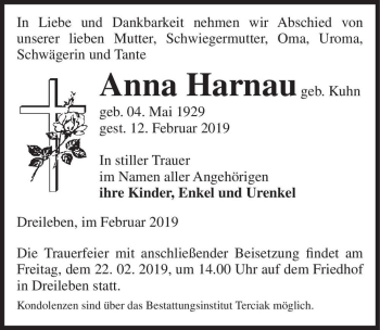 Traueranzeige von Anna Harnau (geb. Kuhn)  von Magdeburger Volksstimme