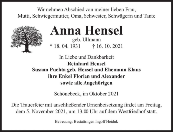 Traueranzeige von Anna Hensel (geb. Ullmann)  von Magdeburger Volksstimme
