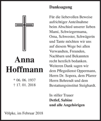 Traueranzeige von Anna Hoffmann  von Magdeburger Volksstimme