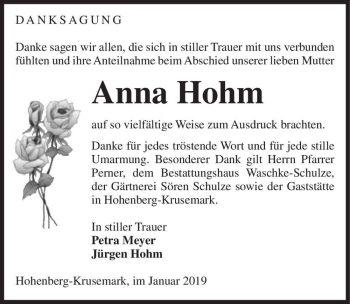 Traueranzeige von Anna Hohm  von Magdeburger Volksstimme