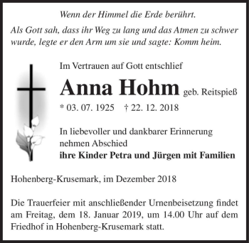 Traueranzeige von Anna Hohm (geb. Reitspieß)  von Magdeburger Volksstimme