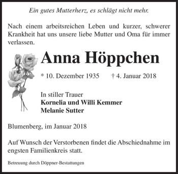 Traueranzeige von Anna Höppchen  von Magdeburger Volksstimme