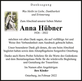 Traueranzeige von Anna Hübner  von Magdeburger Volksstimme