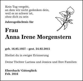 Traueranzeige von Anna Irene Morgenstern  von Magdeburger Volksstimme