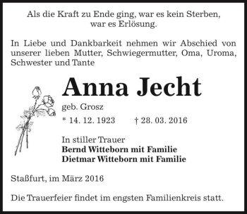 Traueranzeige von Anna Jecht (geb. Grosz)  von Magdeburger Volksstimme