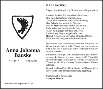 Traueranzeige von Anna Johanna Bauske  von Magdeburger Volksstimme