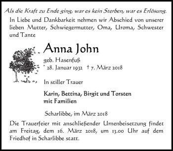 Traueranzeige von Anna John (geb. Hasenfuß)  von Magdeburger Volksstimme