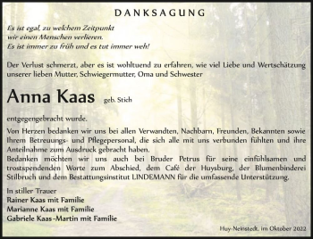 Traueranzeige von Anna Kaas (geb. Stich)  von Magdeburger Volksstimme