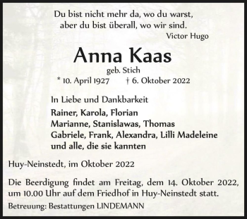 Traueranzeige von Anna Kaas (geb. Stich)  von Magdeburger Volksstimme