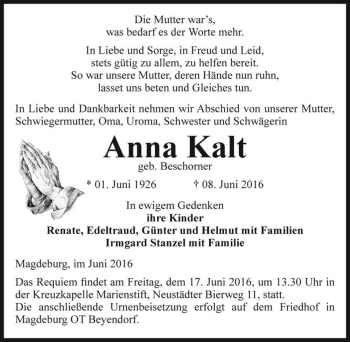 Traueranzeige von Anna Kalt  von Magdeburger Volksstimme