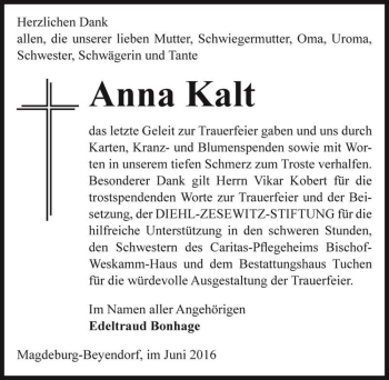 Traueranzeige von Anna Kalt  von Magdeburger Volksstimme