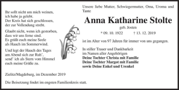 Traueranzeige von Anna Katharine Stolte (geb. Josten)  von Magdeburger Volksstimme