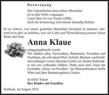 Traueranzeige von Anna Klaue  von Magdeburger Volksstimme