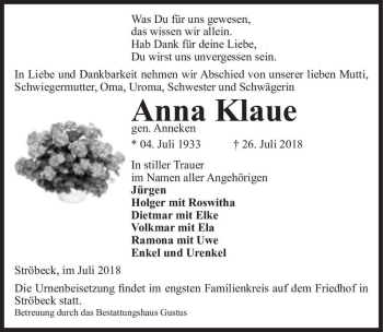 Traueranzeige von Anna Klaue (gen. Anneken)  von Magdeburger Volksstimme