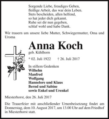 Traueranzeige von Anna Koch (geb. Kühlhorn)  von Magdeburger Volksstimme