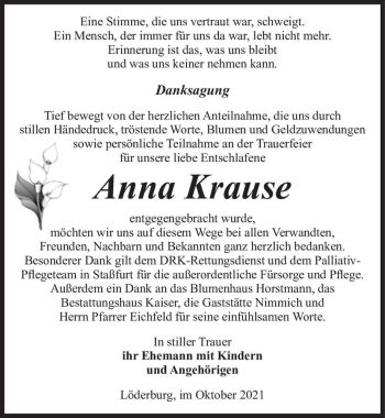 Traueranzeige von Anna Krause  von Magdeburger Volksstimme