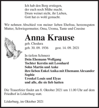 Traueranzeige von Anna Krause (geb. Chodura)  von Magdeburger Volksstimme