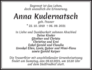Traueranzeige von Anna Kudernatsch (geb. Posner)  von Magdeburger Volksstimme