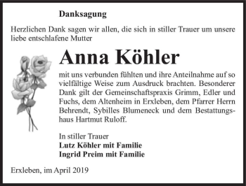 Traueranzeige von Anna Köhler  von Magdeburger Volksstimme